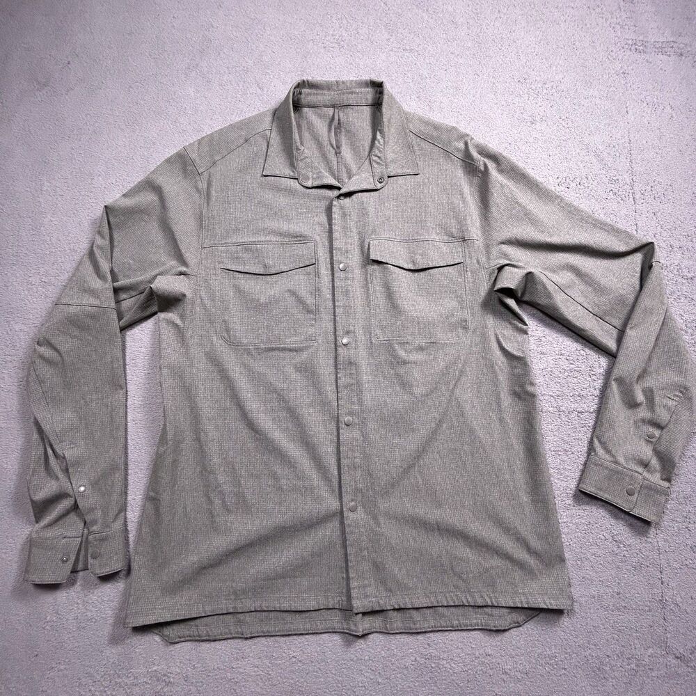 Lululemon Shirt Mens XL Gray Grid Snap Front Long Sleeve Shacket Outdoor Travel
